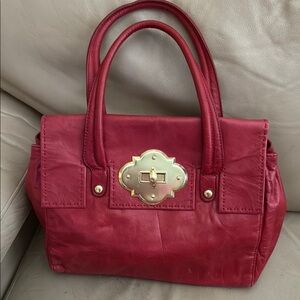 Red Leather Top-Handle Satchel with Gold Turn-Lock